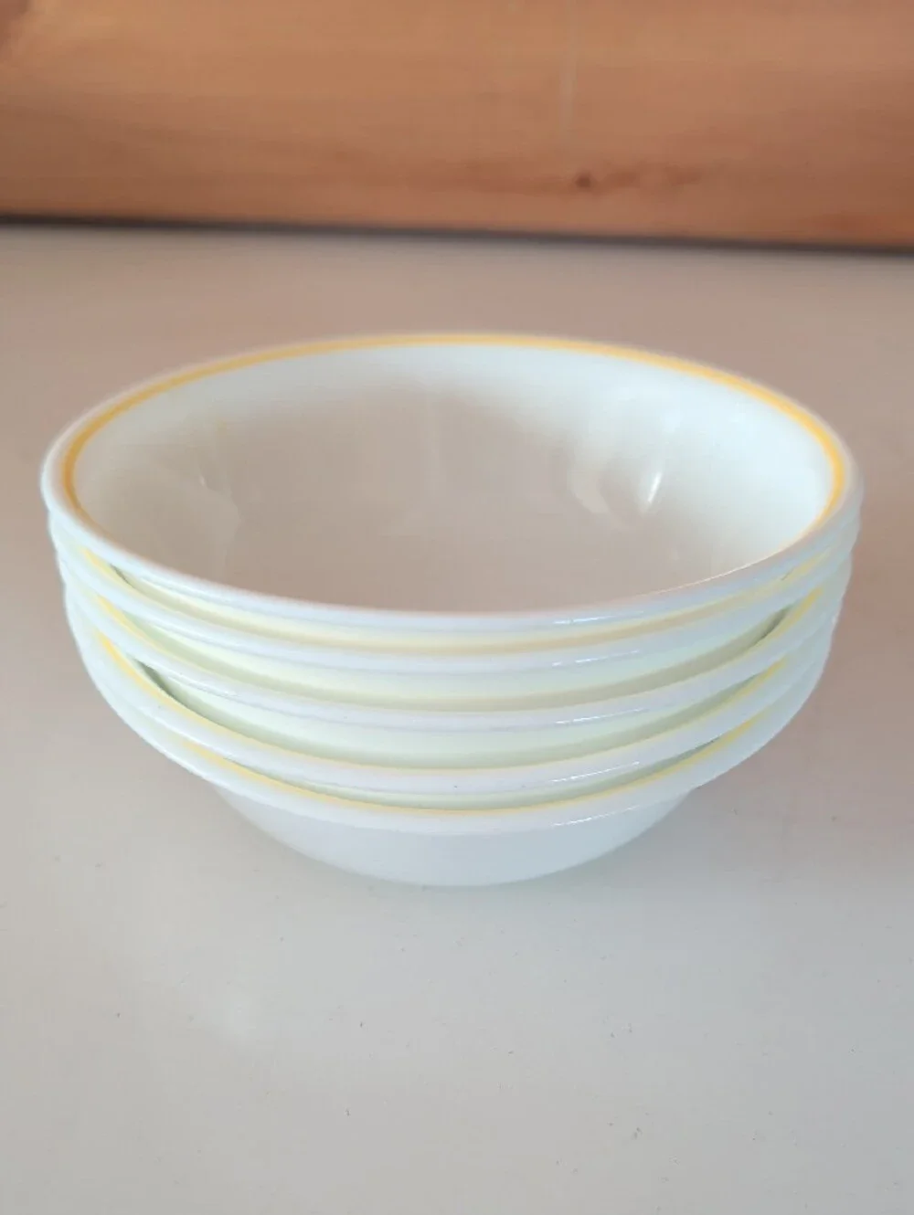 Set of 5 Corelle, Salad/Cereal and Soup Bowls with Yellow Rim.